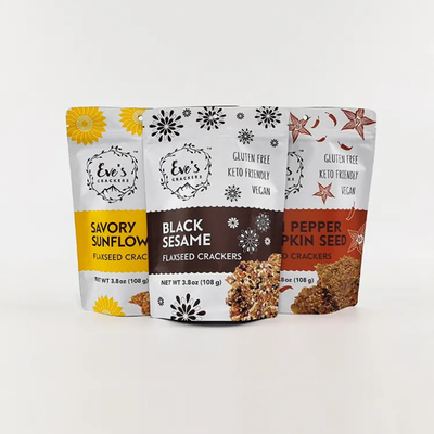 Custom Printed 100g 250g 500g Stand Up Pouch Flaxseed Crackers Smell Proof Zipper Food Packaging Bags