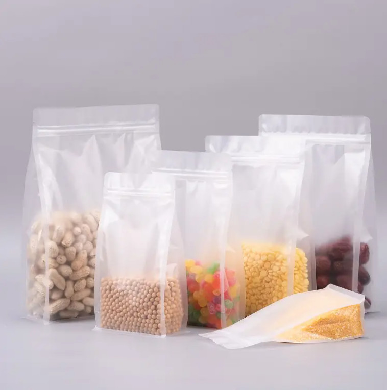 Custom Flat Bottom Eight Side Seal Clear Transparent Zip Lock Dry Fruit Food Rice Packaging Plastic Stand Up Pouch