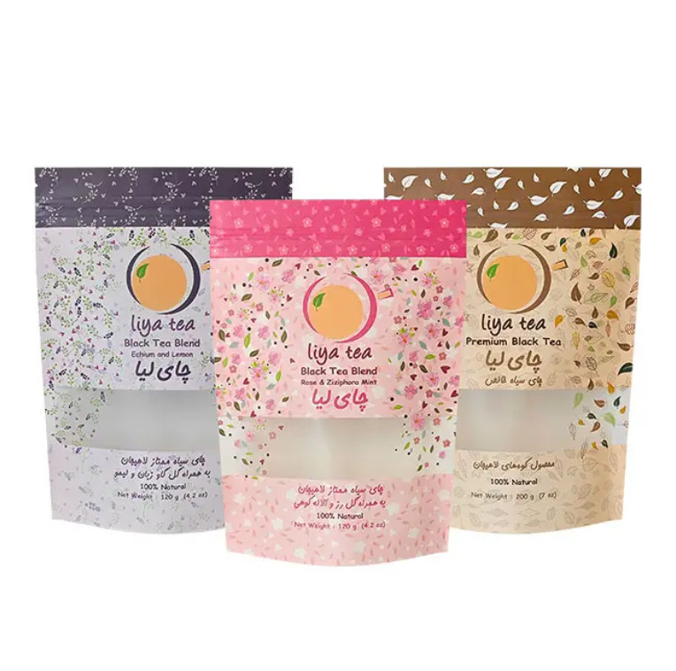 Custom Eco Recyclable Resealable Ziplock Food Kraft Paper Stand Up Pouches Black Tea Packaging Bags With Window