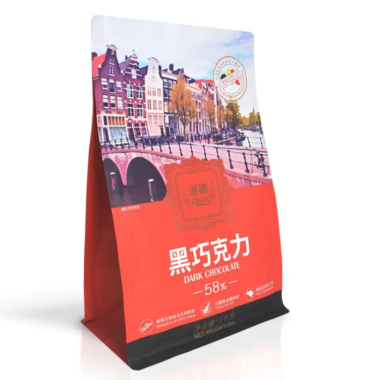 Custom Plastic Bags Packaging Ziplock Stand Up Pouch Gusset Chocolate Coffee Eight Side Sealed Flat Bottom Bag With Zipper