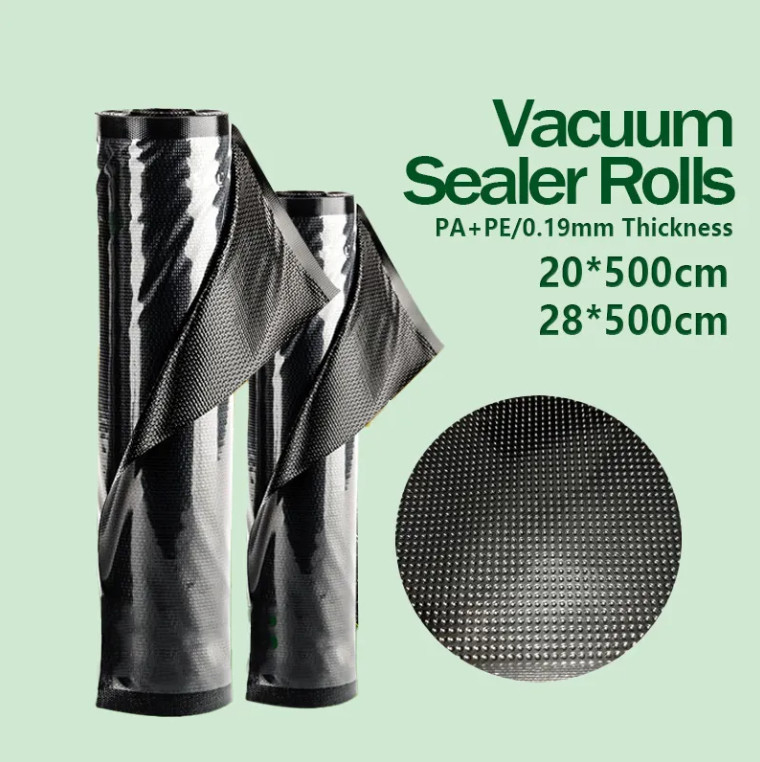 Commercial Grade Heavy Duty Black And Clear Embossed Vacuum Seal Roll Bags For Food Storage For Sushi And Noodles