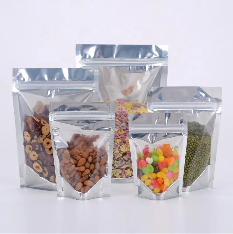 Glossy Reusable Laminated Aluminum Foil Food Delivery Ziplock Bags Yin Yang Stand Up Pouch With Clear Front