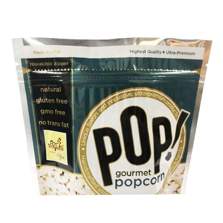 Popcorn Aluminium Foil Stand Up Ziplock Bag Resealable With Easy Top Zipper